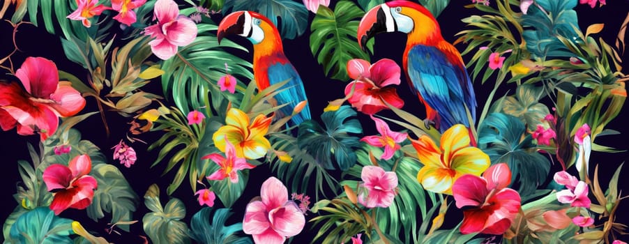 Tropical exotic pattern with animal and flowers in bright colors and lush vegetation. Ai Generative