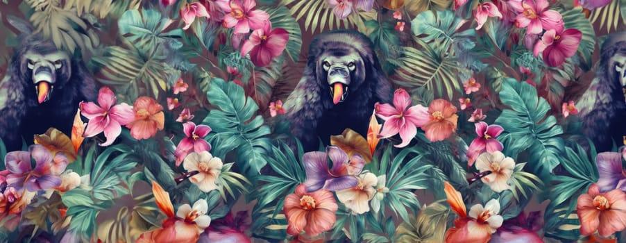 Tropical exotic pattern with animal and flowers in bright colors and lush vegetation. Ai Generative