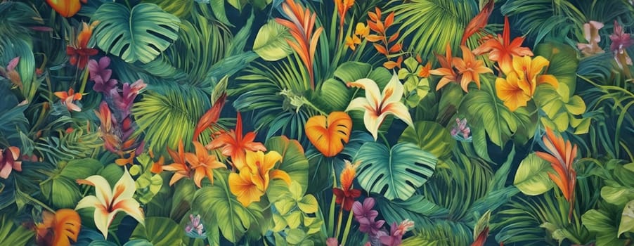 Tropical exotic pattern with animal and flowers in bright colors and lush vegetation. Ai Generative