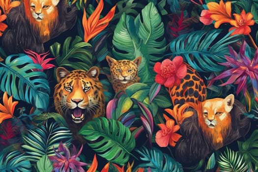 Tropical exotic pattern with animal and flowers in bright colors and lush vegetation. Ai Generative