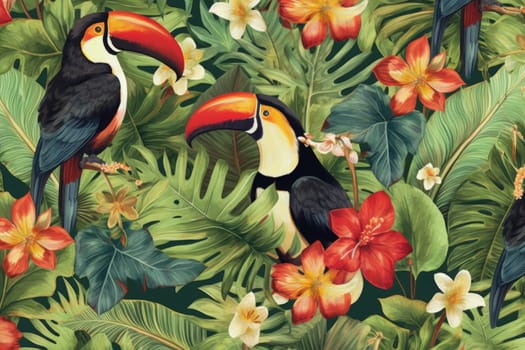 Tropical exotic pattern with animal and flowers in bright colors and lush vegetation. Ai Generative