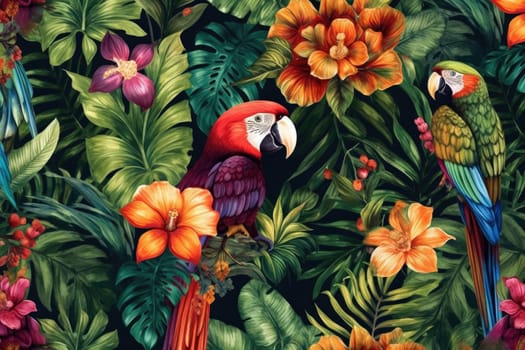 Tropical exotic pattern with animal and flowers in bright colors and lush vegetation. Ai Generative