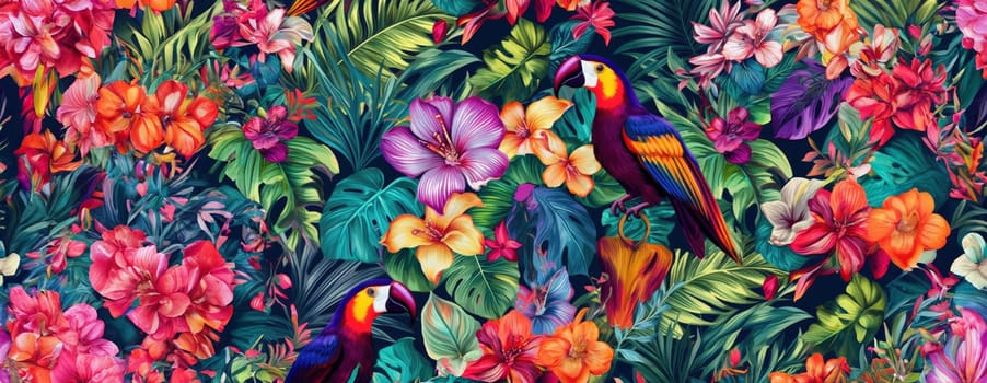 Tropical exotic pattern with animal and flowers in bright colors and lush vegetation. Ai Generative