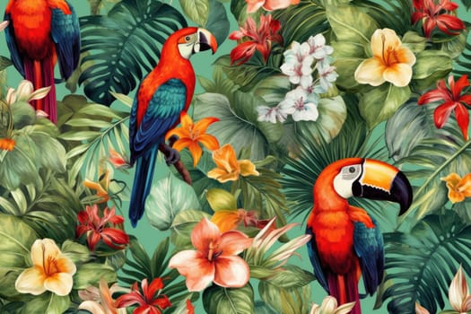 Tropical exotic pattern with animal and flowers in bright colors and lush vegetation. Ai Generative