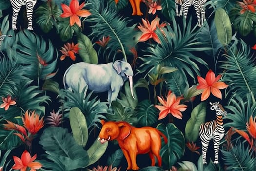 Tropical exotic pattern with animal and flowers in bright colors and lush vegetation. Ai Generative