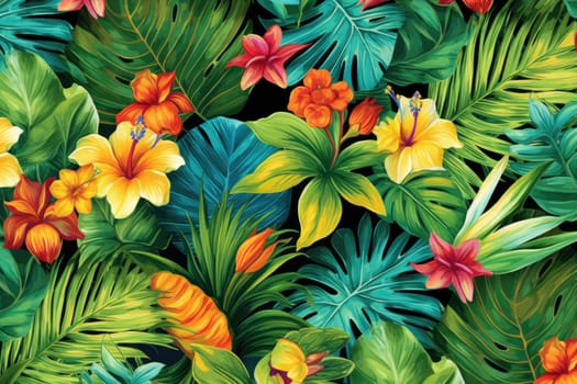 Tropical exotic pattern with animal and flowers in bright colors and lush vegetation. Ai Generative