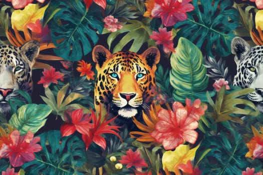 Tropical exotic pattern with animal and flowers in bright colors and lush vegetation. Ai Generative