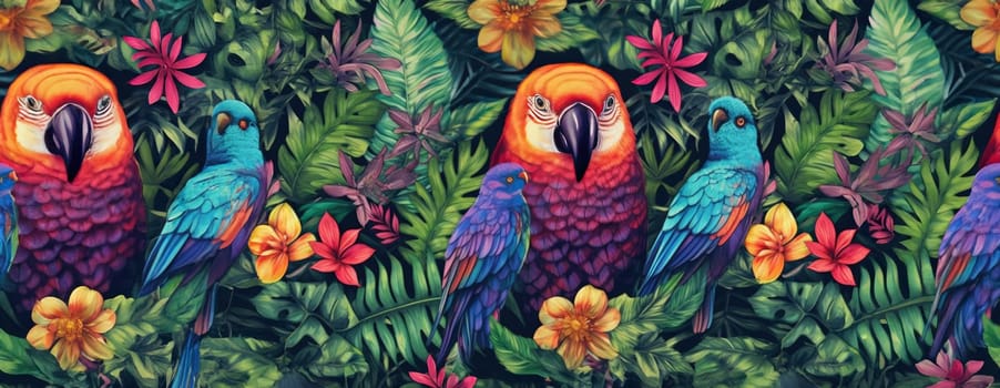 Tropical exotic pattern with animal and flowers in bright colors and lush vegetation. Ai Generative