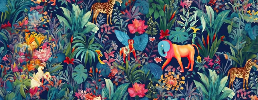 Tropical exotic pattern with animal and flowers in bright colors and lush vegetation. Ai Generative