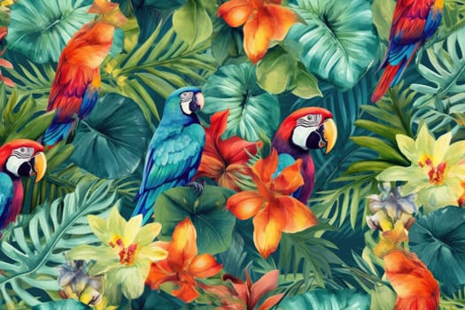 Tropical exotic pattern with animal and flowers in bright colors and lush vegetation. Ai Generative