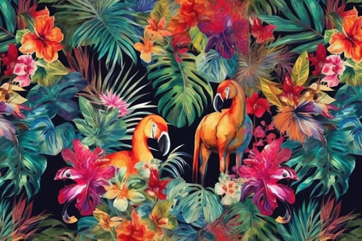 Tropical exotic pattern with animal and flowers in bright colors and lush vegetation. Ai Generative