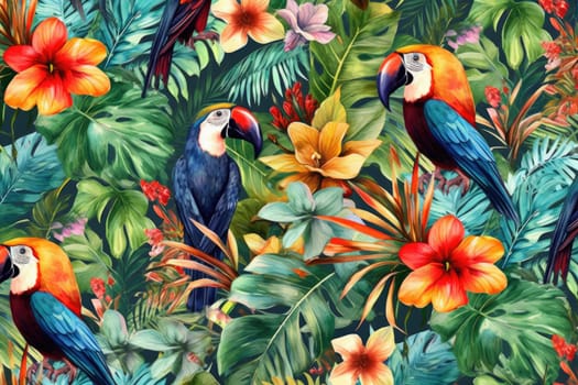 Tropical exotic pattern with animal and flowers in bright colors and lush vegetation. Ai Generative