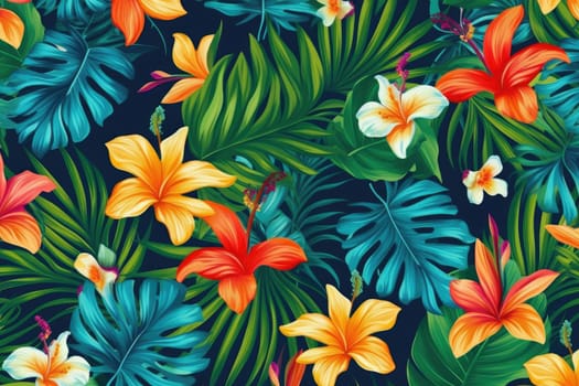 Tropical exotic pattern with animal and flowers in bright colors and lush vegetation. Ai Generative