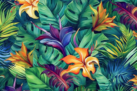 Tropical exotic pattern with animal and flowers in bright colors and lush vegetation. Ai Generative