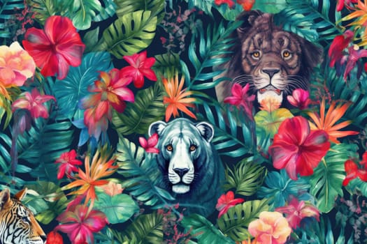 Tropical exotic pattern with animal and flowers in bright colors and lush vegetation. Ai Generative