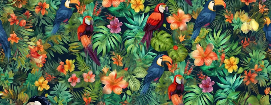 Tropical exotic pattern with animal and flowers in bright colors and lush vegetation. Ai Generative