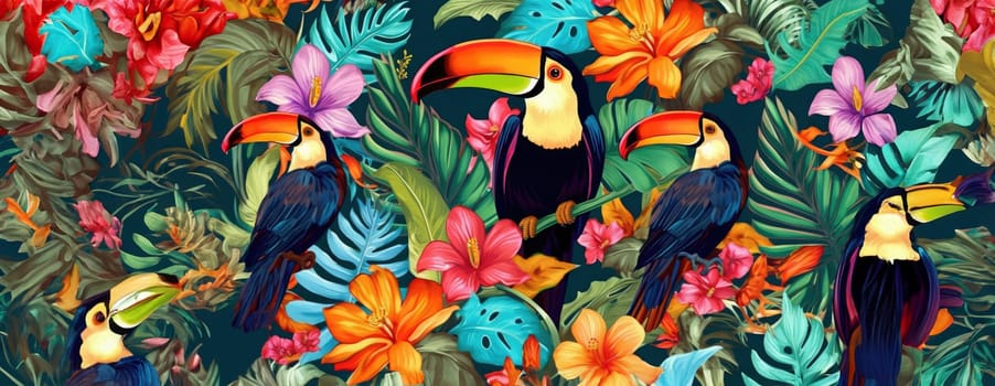 Tropical exotic pattern with animal and flowers in bright colors and lush vegetation. Ai Generative