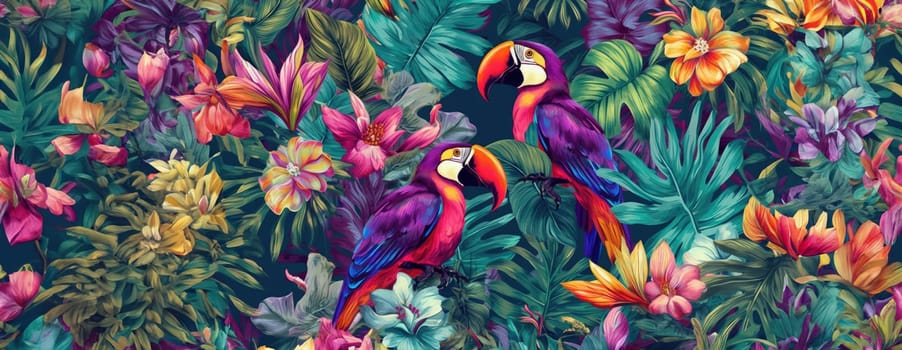 Tropical exotic pattern with animal and flowers in bright colors and lush vegetation. Ai Generative