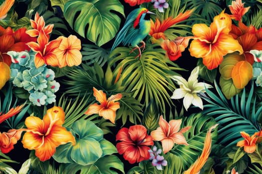 Tropical exotic pattern with animal and flowers in bright colors and lush vegetation. Ai Generative