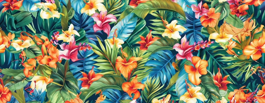 Tropical exotic pattern with animal and flowers in bright colors and lush vegetation. Ai Generative