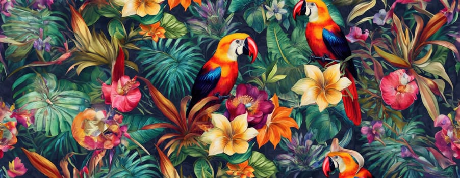 Tropical exotic pattern with animal and flowers in bright colors and lush vegetation. Ai Generative