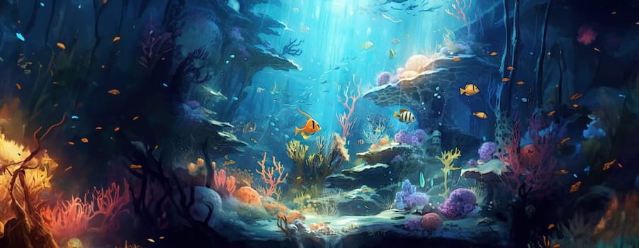 Tropical sea underwater fishes on coral reef. Aquarium oceanarium wildlife colorful marine panorama landscape nature snorkel diving. AI Generative