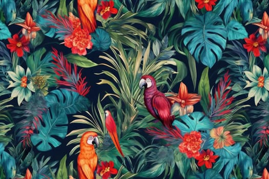 Tropical exotic pattern with animal and flowers in bright colors and lush vegetation. Ai Generative