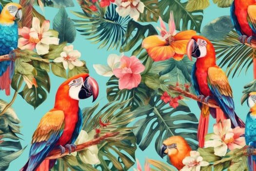 Tropical exotic pattern with animal and flowers in bright colors and lush vegetation. Ai Generative