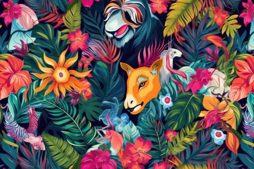 Tropical exotic pattern with animal and flowers in bright colors and lush vegetation. Ai Generative