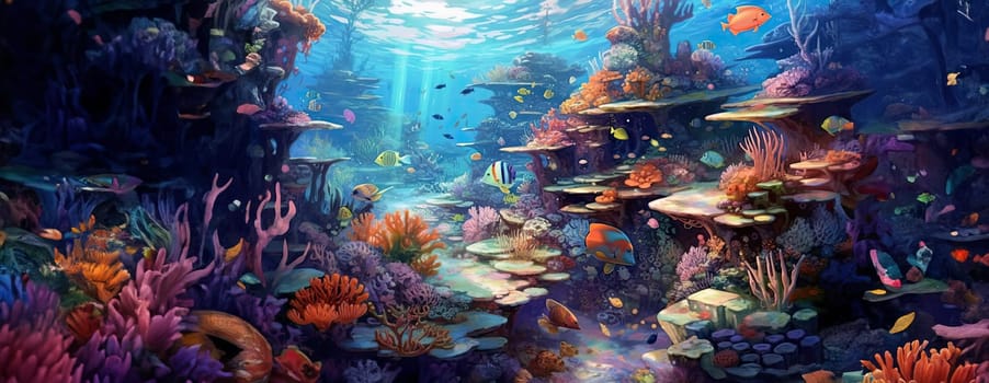 Tropical sea underwater fishes on coral reef. Aquarium oceanarium wildlife colorful marine panorama landscape nature snorkel diving. AI Generative