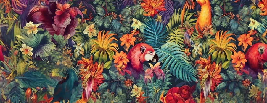 Tropical exotic pattern with animal and flowers in bright colors and lush vegetation. Ai Generative