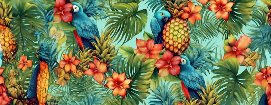 Tropical exotic pattern with animal and flowers in bright colors and lush vegetation. Ai Generative