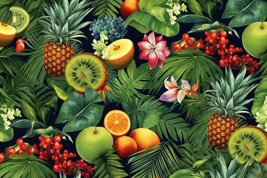 Tropical exotic pattern with animal and flowers in bright colors and lush vegetation. Ai Generative