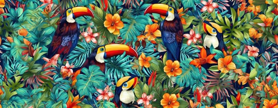 Tropical exotic pattern with animal and flowers in bright colors and lush vegetation. Ai Generative