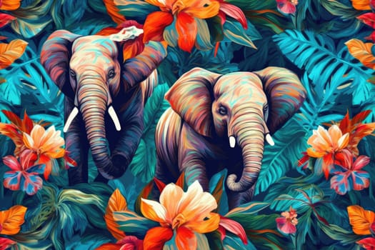 Tropical exotic pattern with animal and flowers in bright colors and lush vegetation. Ai Generative