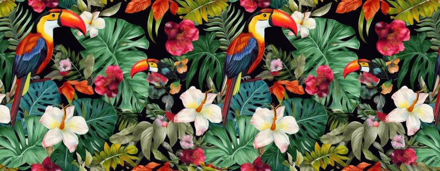 Tropical exotic pattern with animal and flowers in bright colors and lush vegetation. Ai Generative