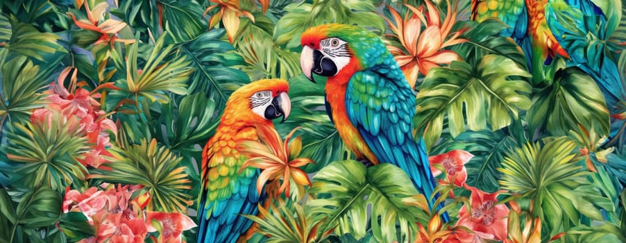 Tropical exotic pattern with animal and flowers in bright colors and lush vegetation. Ai Generative