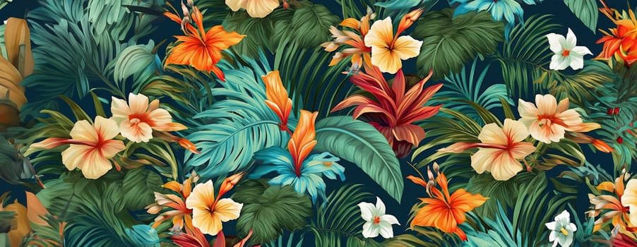 Tropical exotic pattern with animal and flowers in bright colors and lush vegetation. Ai Generative