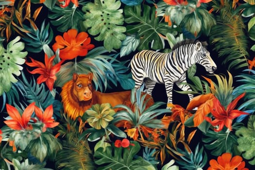 Tropical exotic pattern with animal and flowers in bright colors and lush vegetation. Ai Generative