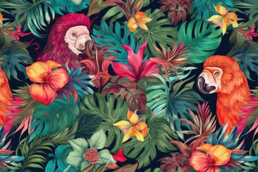 Tropical exotic pattern with animal and flowers in bright colors and lush vegetation. Ai Generative