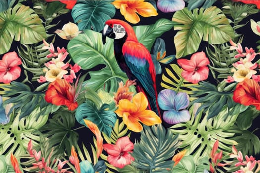 Tropical exotic pattern with animal and flowers in bright colors and lush vegetation. Ai Generative