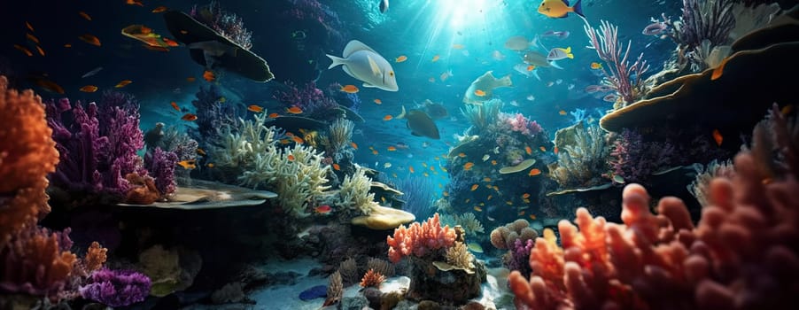 Tropical sea underwater fishes on coral reef. Aquarium oceanarium wildlife colorful marine panorama landscape nature snorkel diving. AI Generative