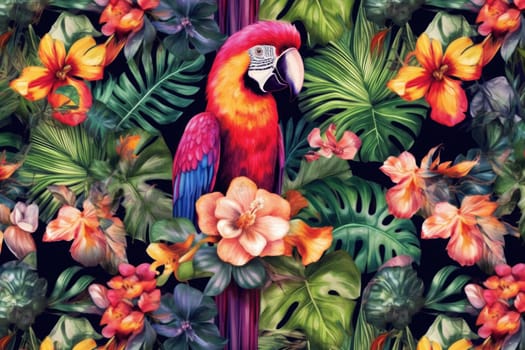 Tropical exotic pattern with animal and flowers in bright colors and lush vegetation. Ai Generative