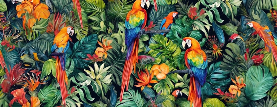 Tropical exotic pattern with animal and flowers in bright colors and lush vegetation. Ai Generative