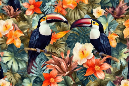 Tropical exotic pattern with animal and flowers in bright colors and lush vegetation. Ai Generative