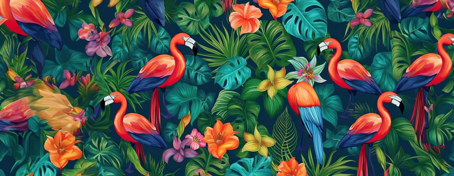 Tropical exotic pattern with animal and flowers in bright colors and lush vegetation. Ai Generative