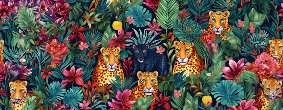 Tropical exotic pattern with animal and flowers in bright colors and lush vegetation. Ai Generative