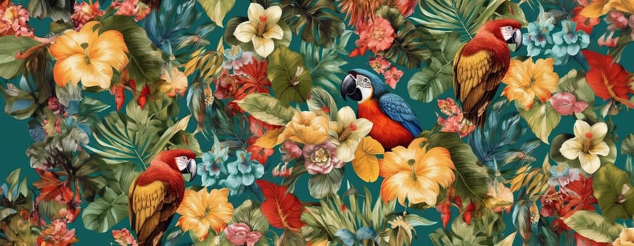 Tropical exotic pattern with animal and flowers in bright colors and lush vegetation. Ai Generative