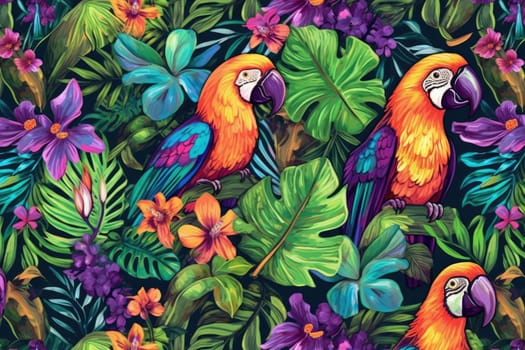 Tropical exotic pattern with animal and flowers in bright colors and lush vegetation. Ai Generative