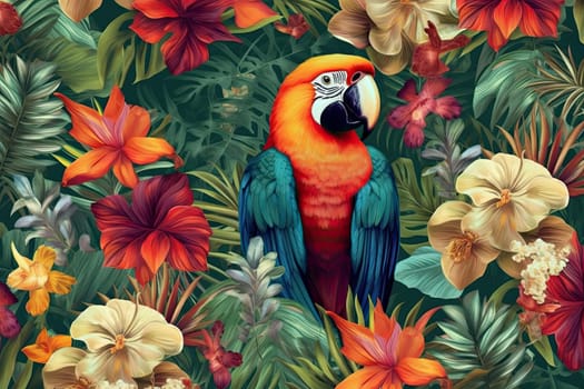 Tropical exotic pattern with animal and flowers in bright colors and lush vegetation. Ai Generative